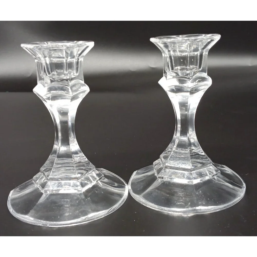 Clear Glass Candle Holders Pair Geometric Faceted Candlesticks Pedestal 4